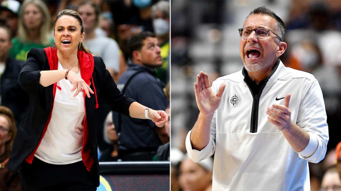 Split image of Aces coach Becky Hammon and Sun coach Curt Miller